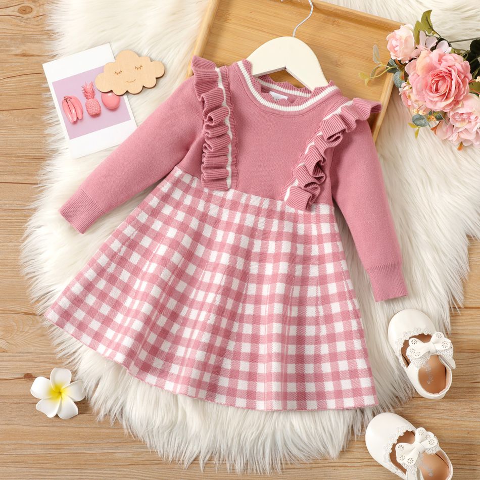 Baby Girl Ruffled Plaid Long-sleeve Long-sleeve Dress Pink