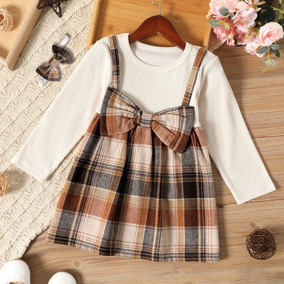 Toddler Girl Faux-two Bowknot Design Plaid Splice Long-sleeve Dress Khaki