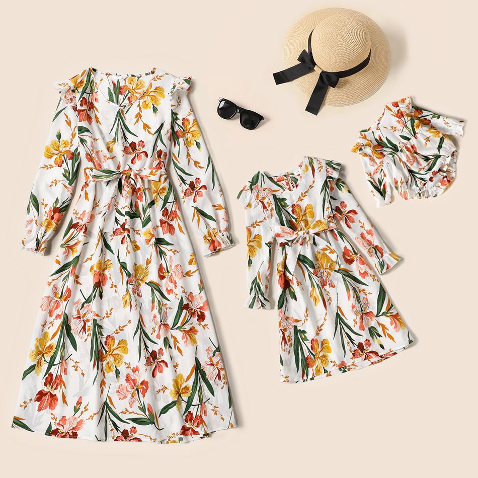 All Over Floral Print Ruffle Long-sleeve Belted Dress for Mom and Me Multi-color