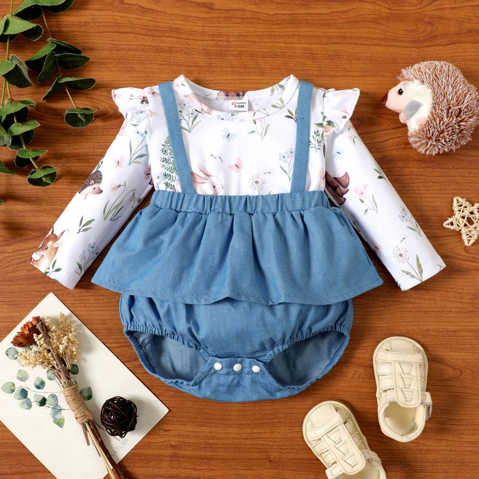 Baby Girl Animal and Plant Print Long-sleeve Splicing Imitation Denim Skirted Romper Color block