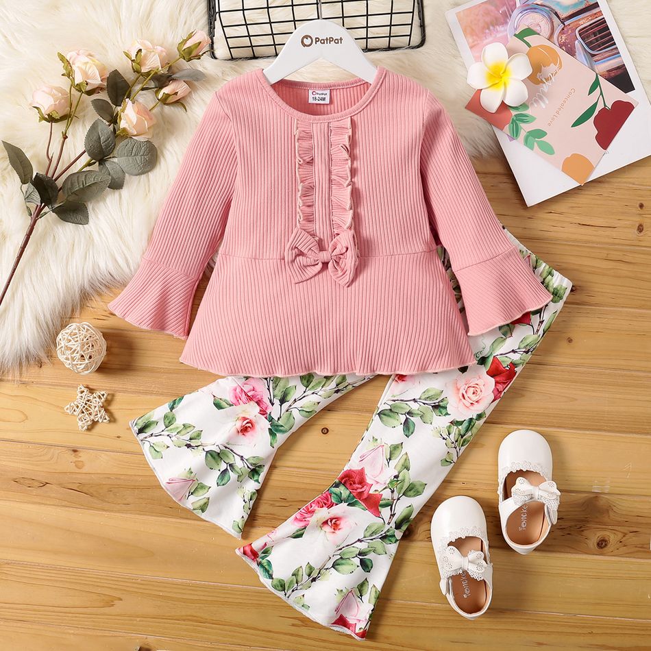 2-piece Toddler Girl Ruffled Bowknot Design Long Bell sleeves Ribbed Pink Top and Floral Print Flared Pants Set Pink