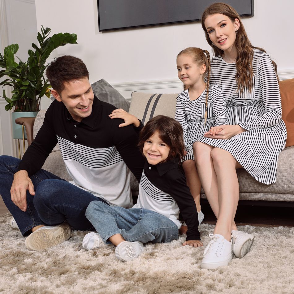 Family Matching Striped Long-sleeve Midi Dresses and Color Block Polo Shirts Sets Black/White