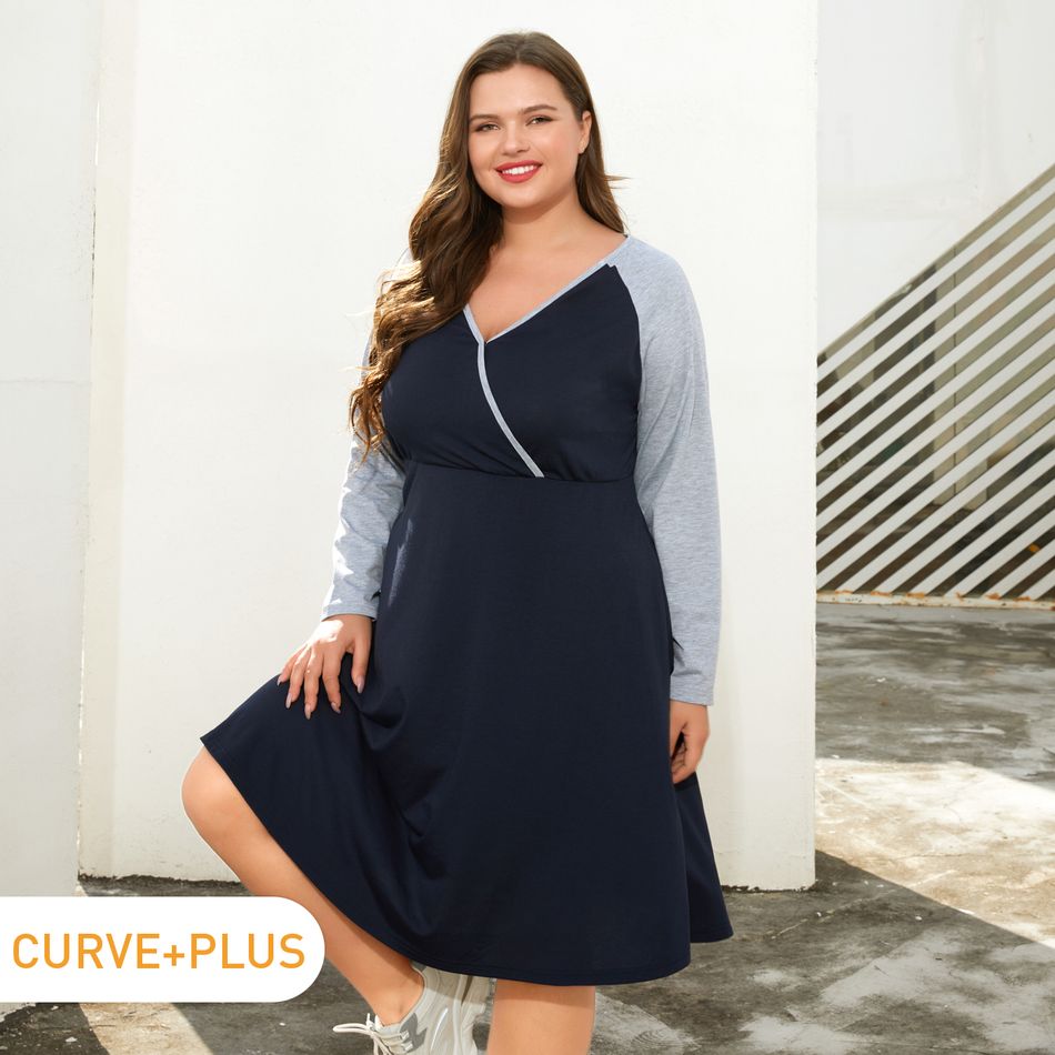 Women Plus Size Casual Colorblock Surplice Neck Long-sleeve Nightgown Blue