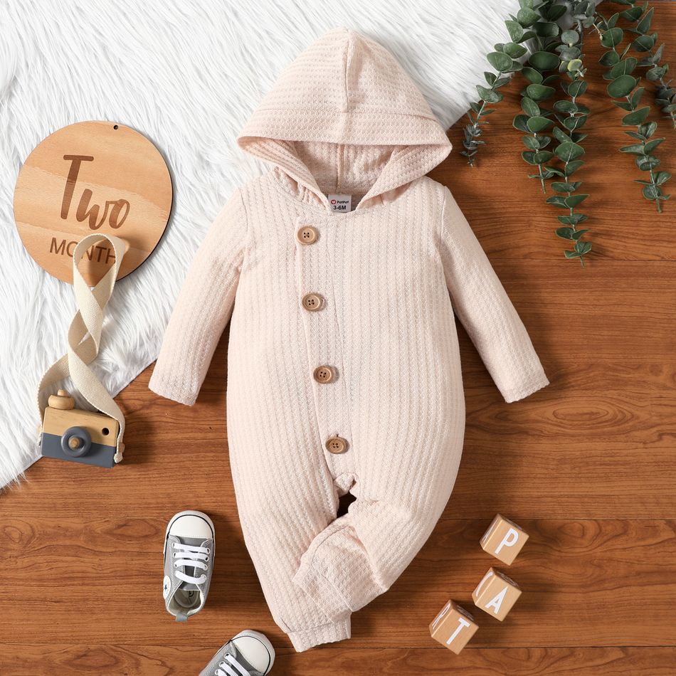 Baby Boy Solid Waffle Long-sleeve Hooded Button Jumpsuit Apricot