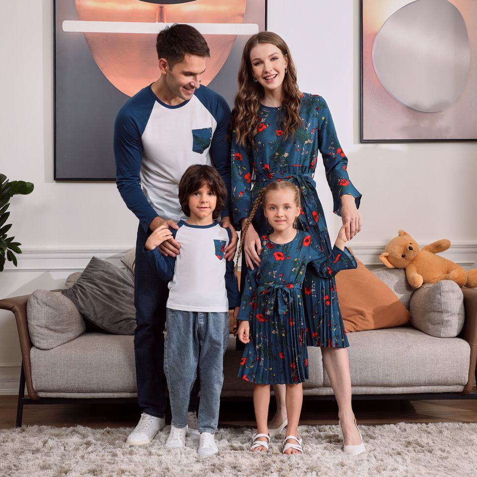 Floral Print Blue Series Long-sleeve Family Matching Sets(Belted Pleated Dresses and Raglan-sleeve T-shirts) Bluish Grey