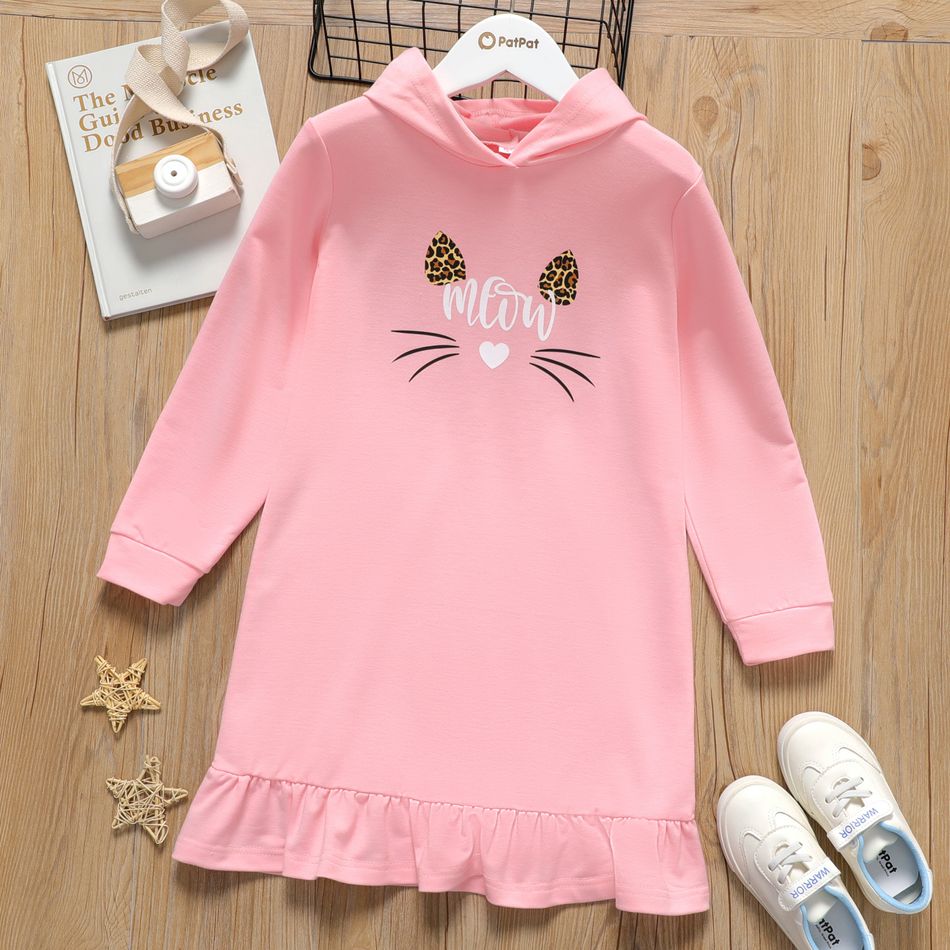 Kid Girl Letter Animal Cat Print Ruffle Hem Pink Long-sleeve Hooded Sweatshirt Dress Pink