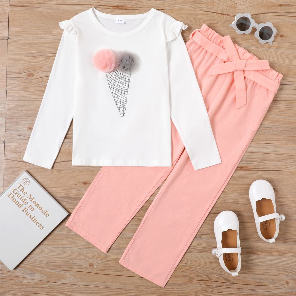 2-piece Kid Girl 3D Floral Design Geo Pattern Ruffled Long-sleeve White Tee and Belted Paperbag Pink Pants Set Light Pink