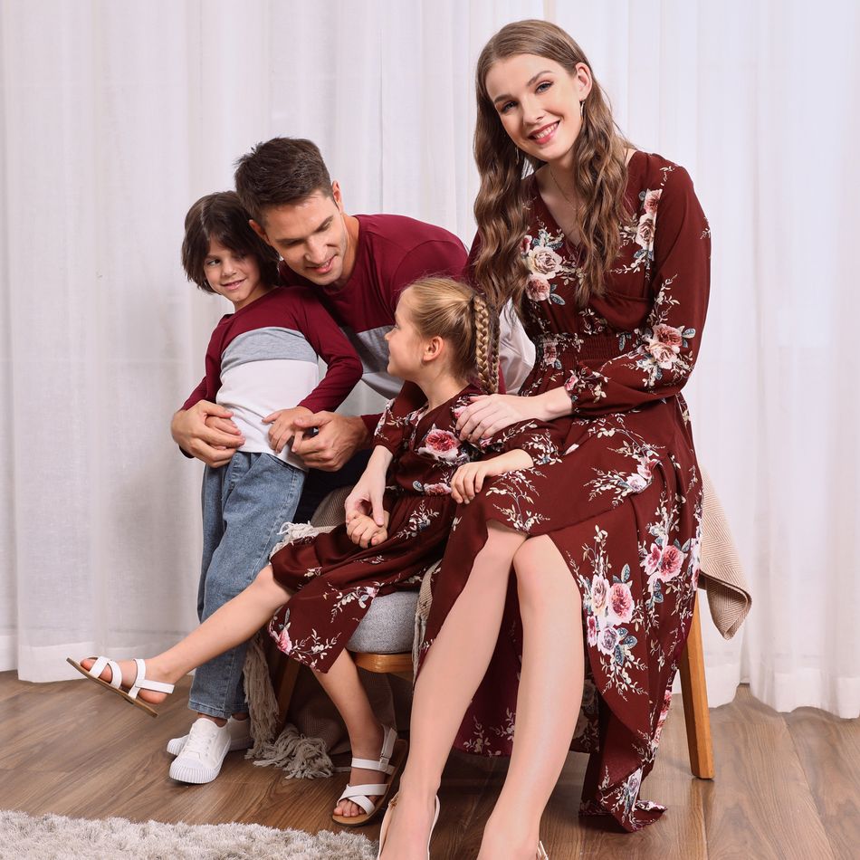 Family Matching Floral Print Cross Wrap V Neck Long-sleeve Dresses and Color Block T-shirts Sets Red/White