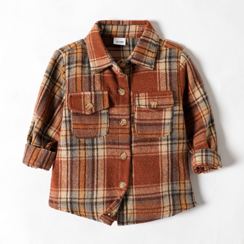 Toddler Boy Lapel Collar Button Design Plaid Shirt Jacket Coffee