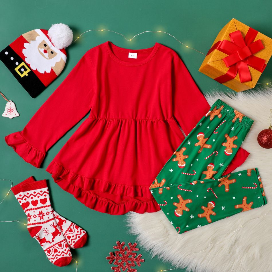 2-piece Kid Girl Christmas Ruffle Hem Red Top and Figure Star Print Leggings Set Red