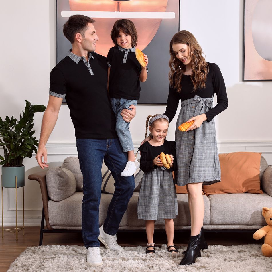 Family Matching Plaid Splicing Black Long-sleeve Dresses and Short-sleeve Polo Shirts Sets Black