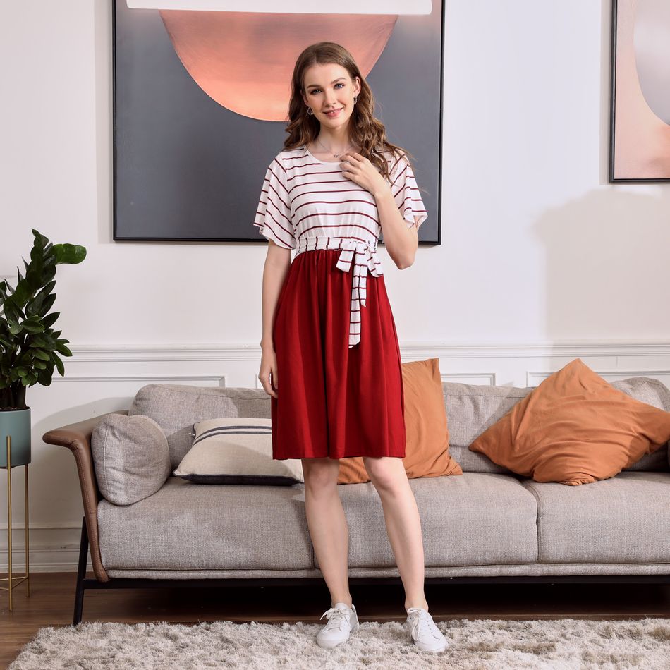 Red and White Striped Short-sleeve Family Matching Sets(Belted Splicing Dresses and T-shirts) Red/White big image 7
