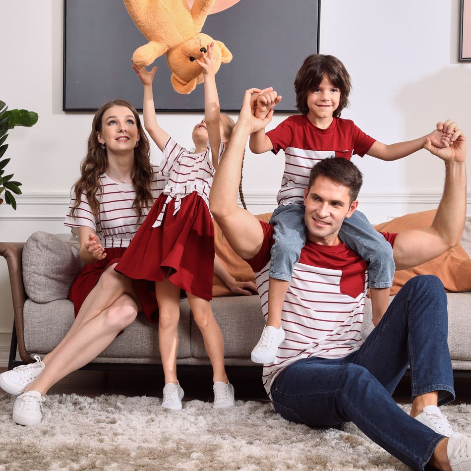 Red and White Striped  Short-sleeve Family Matching Sets(Belted Splicing Dresses and T-shirts) Red/White big image 5