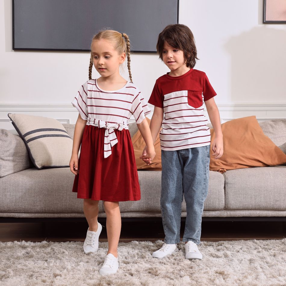 Red and White Striped  Short-sleeve Family Matching Sets(Belted Splicing Dresses and T-shirts) Red/White big image 3