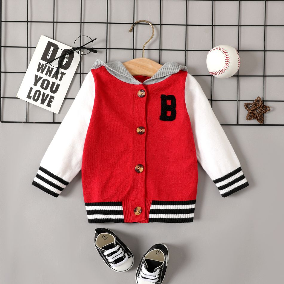 Baby Letter Pattern Color Block Knitted Long-sleeve Hooded Baseball Jacket Red/White