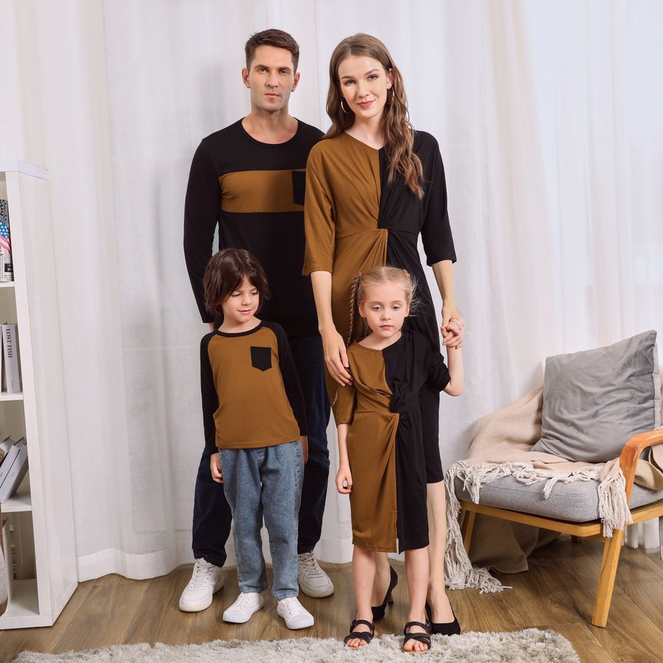 Family Matching Color Block Twist Knot Dresses and Long-sleeve T-shirts Sets Color block