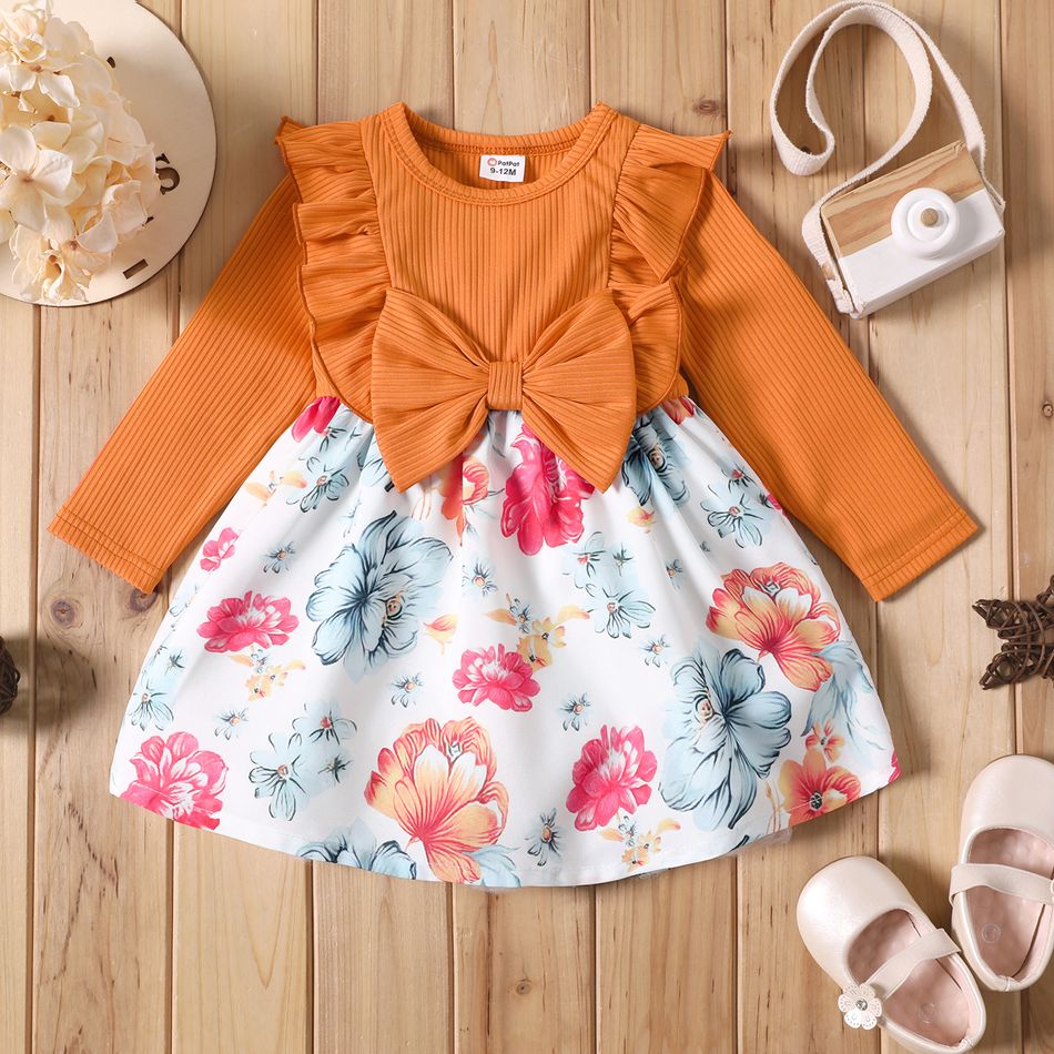 Baby Girl Orange Ribbed Ruffle Bowknot Long-sleeve Splicing Floral Print Dress Color block