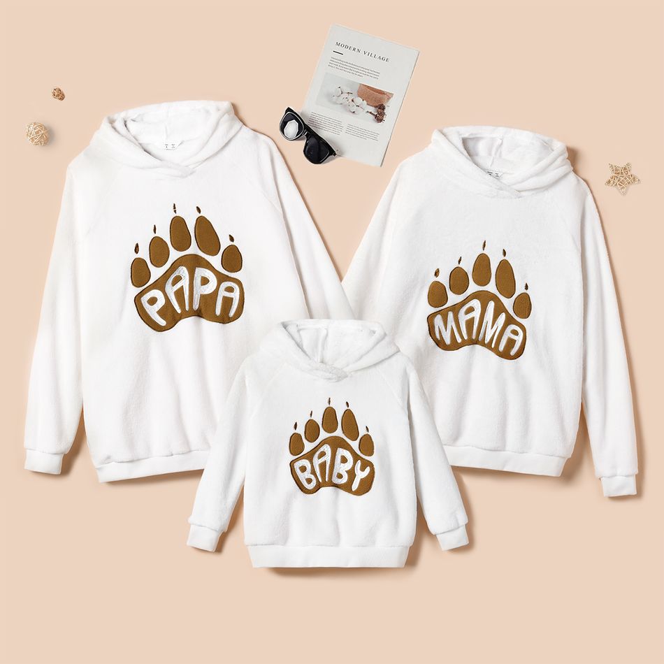 Family Matching Bear Claw and Letter Print Fleece Long-sleeve Hoodies White