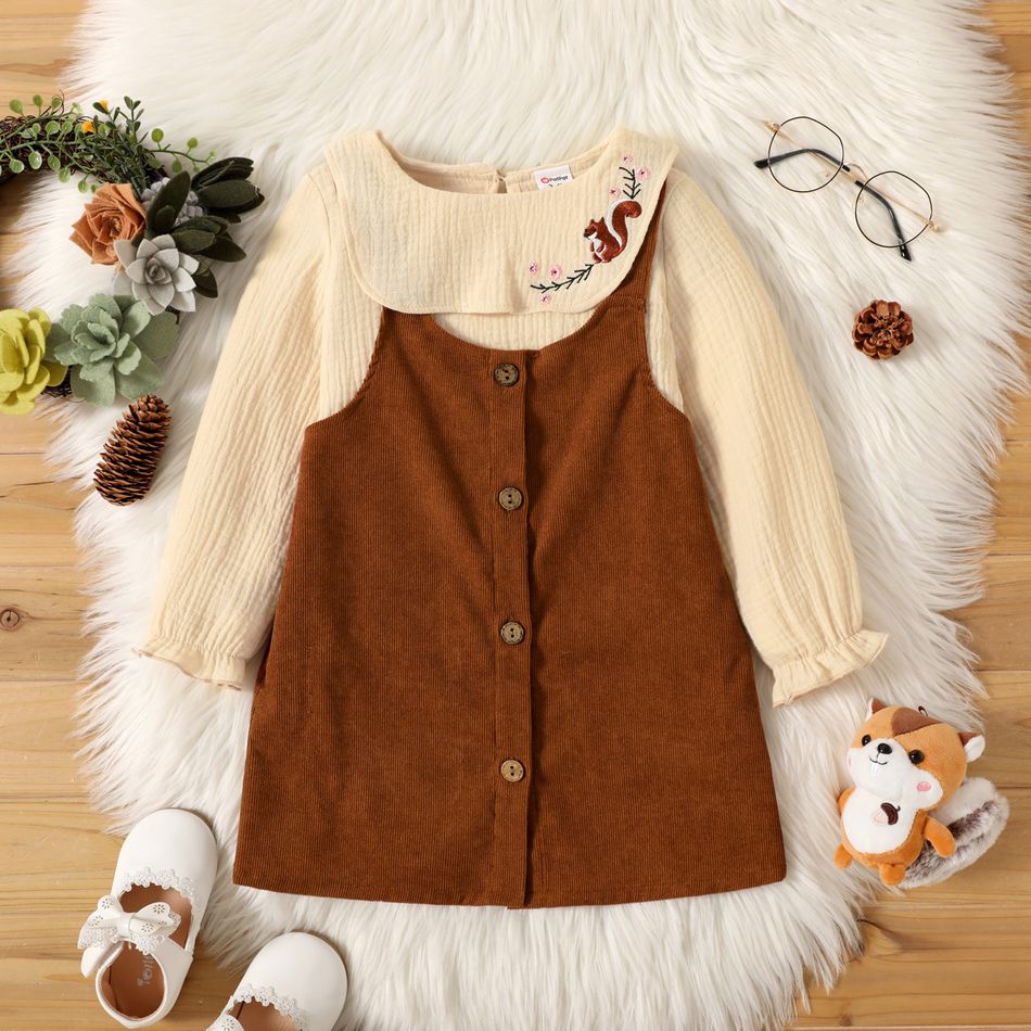 2-piece Toddler Girl Floral Squirrel Embroidered Long-sleeve Top and Brown Button Design Overall Dress Set Caramel
