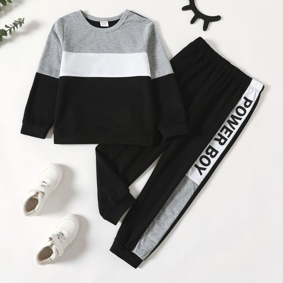 2-piece Kid Boy Colorblock Pullover Sweatshirt and Letter Print Sweatpants Set Grey