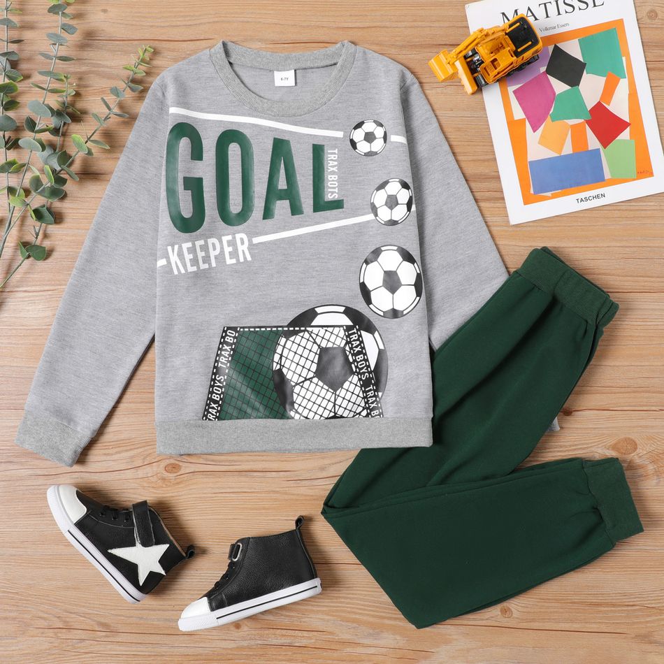 2-piece Kid Boy Letter Football Print Long-sleeve Gray Top and Dark Green Pants Set Grey