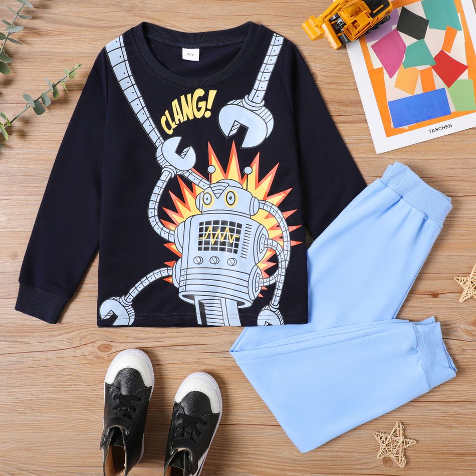 2-piece Kid Boy Robot Letter Print Sweatshirt and Blue Sweatpants Pants Set DeepBlue