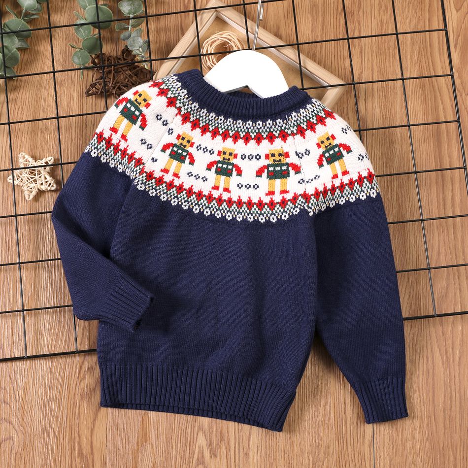 Toddler Boy Christmas Character Geo Pattern Knit Sweater Navy