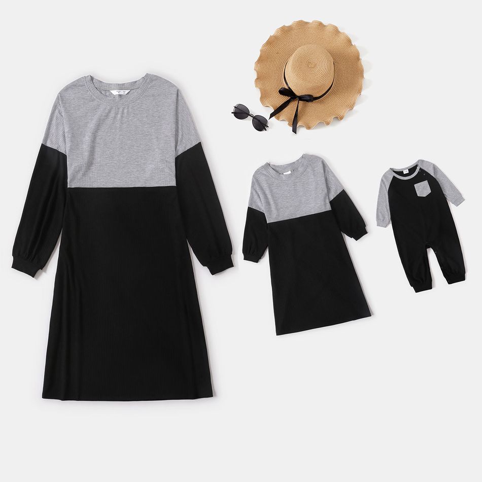 Ribbed Long-sleeve Colorblock Splicing Dress for Mom and Me ColorBlock
