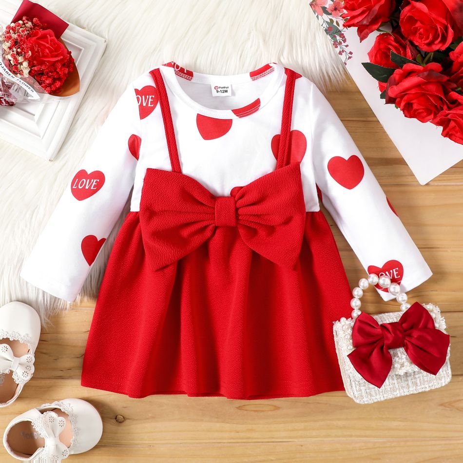 Baby Girl Red Love Heart Print Long-sleeve Splicing Bowknot Dress Color block big image 1