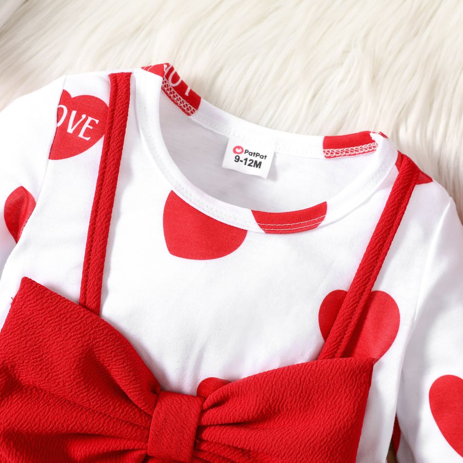 Baby Girl Red Love Heart Print Long-sleeve Splicing Bowknot Dress Color block big image 2