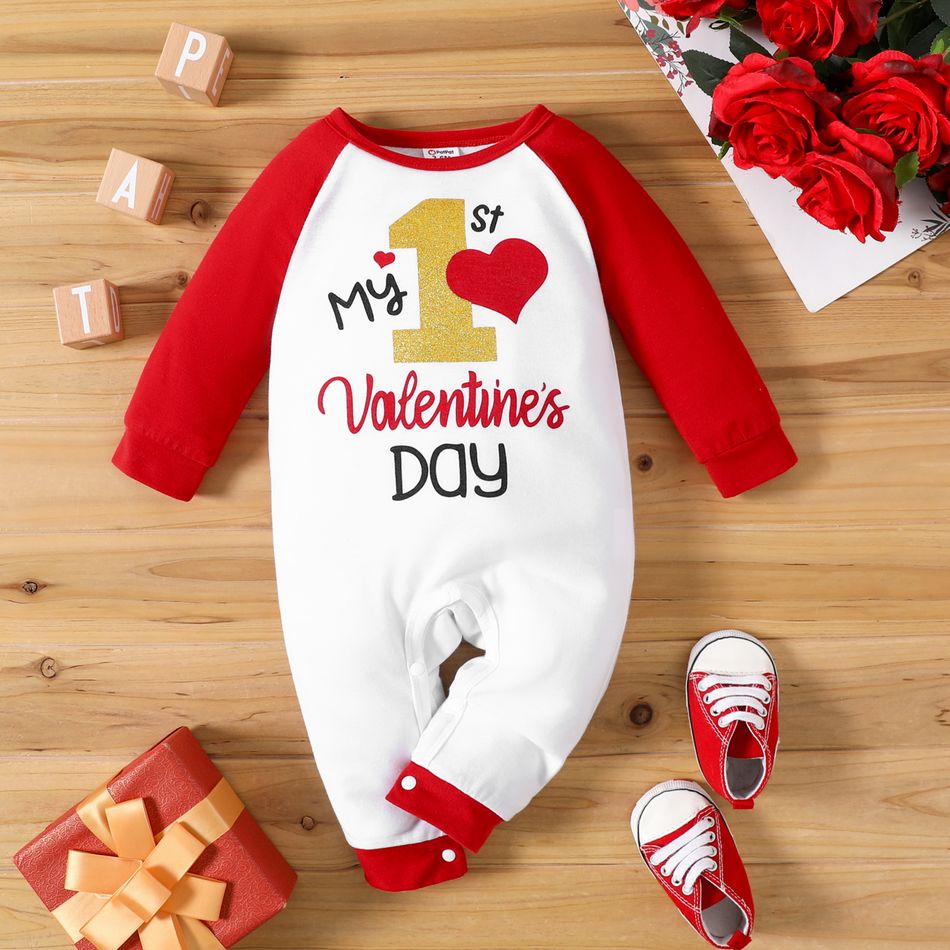 Valentine's Day Baby Girl Love Heart and Letter Print Red Raglan Long-sleeve Jumpsuit Color block big image 1