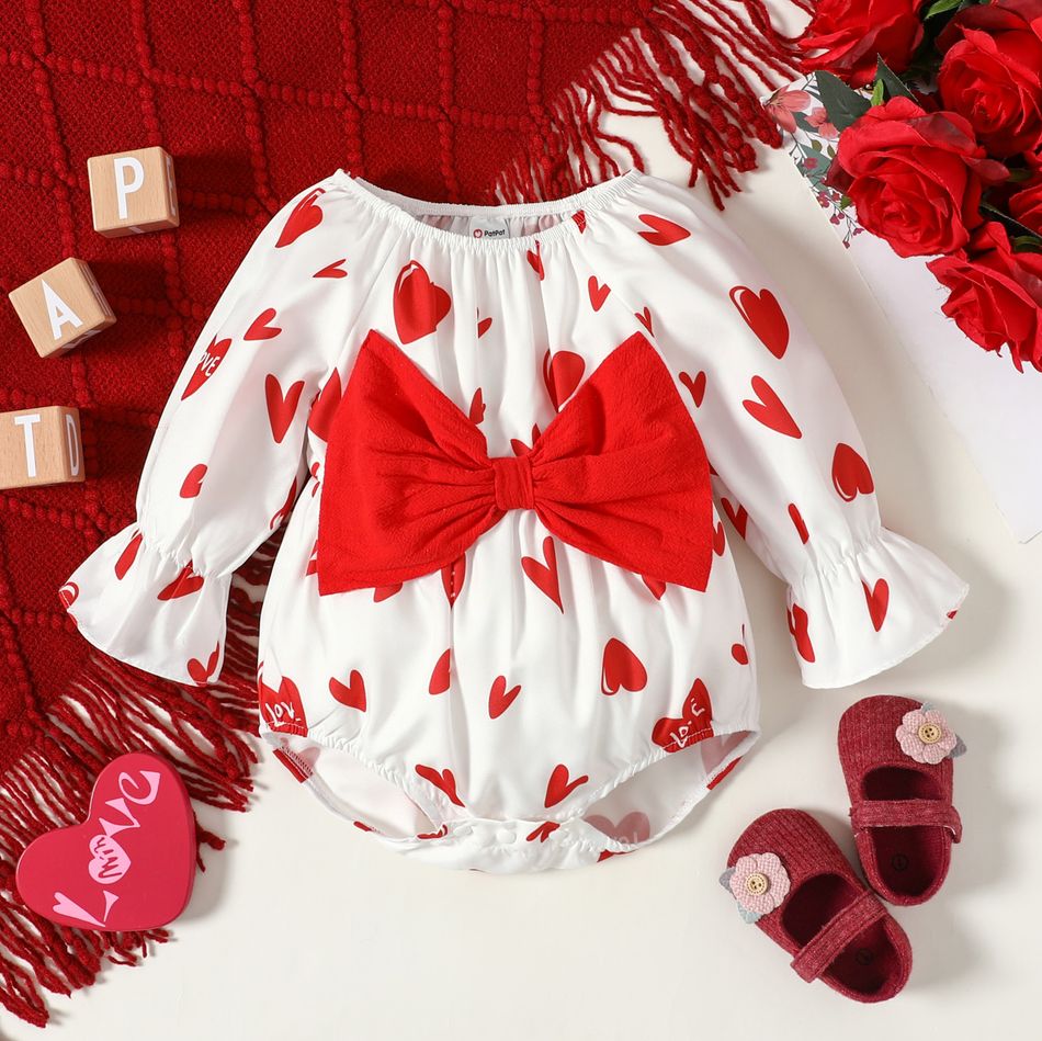 Valentine's Day Baby Girl All Over Red Love Heart Print Bowknot Long-sleeve Romper Red
