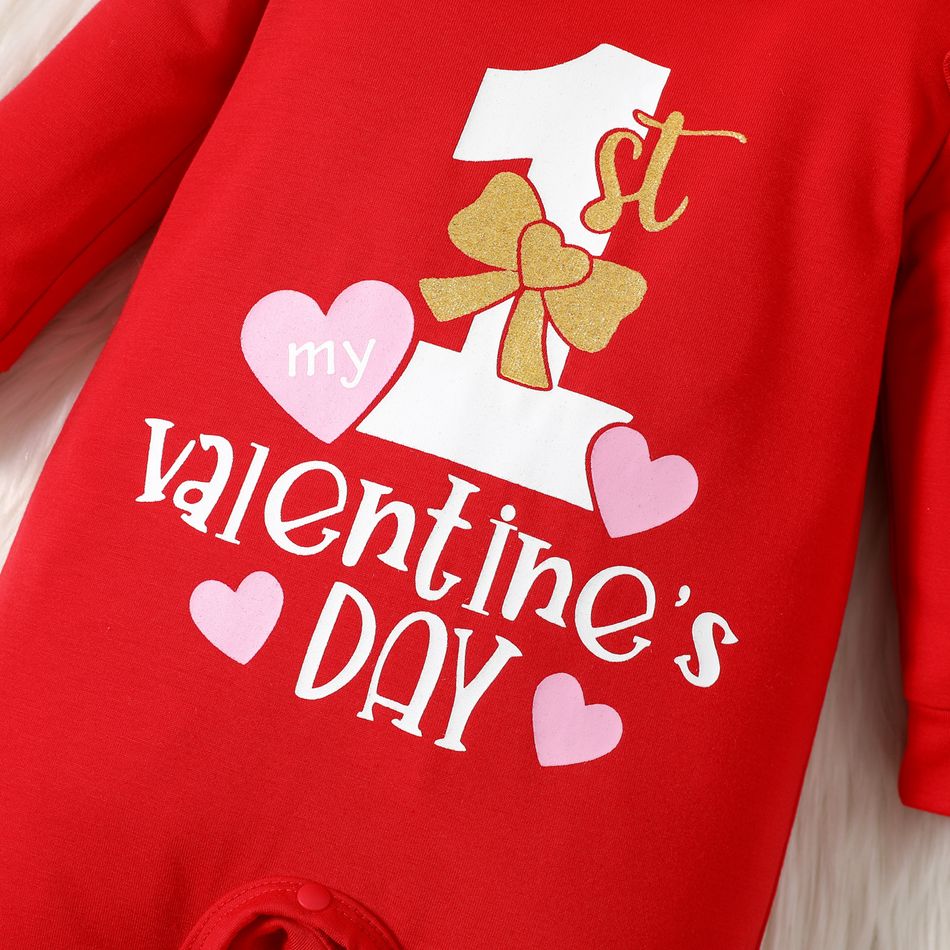 Valentine's Day Baby Girl Love Heart and Letter Print Red Long-sleeve Jumpsuit Red big image 3