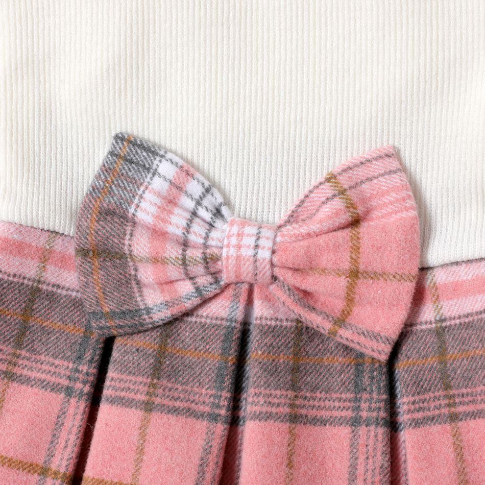 Kid Girl Bowknot Design Ribbed Plaid Splice Long-sleeve Dress PinkyWhite big image 4