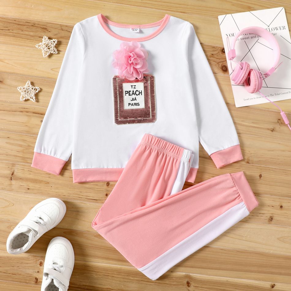 2-piece Kid Girl 3D Floral Design Sequined Letter Embroidered Long-sleeve Top and Colorblock Pants Set PinkyWhite