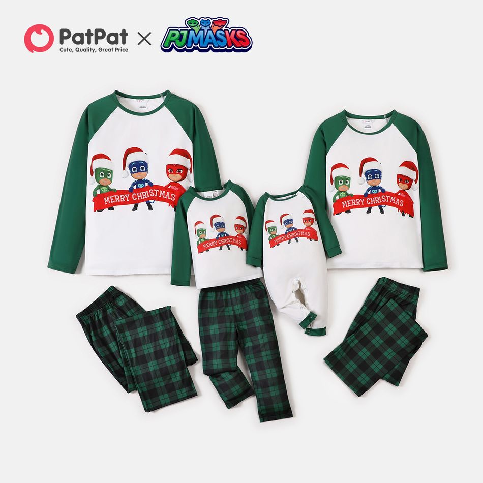 PJ Masks Family Matching Christmas Team Top and Plaid Pants Pajamas Sets Dark Green