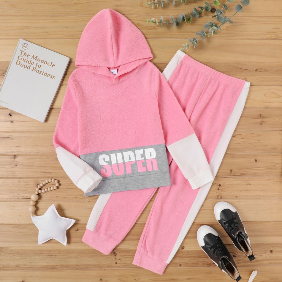 2-piece Kid Girl Letter Print Colorblock Fuzzy Hoodie Sweatshirt and Pants Set Pink