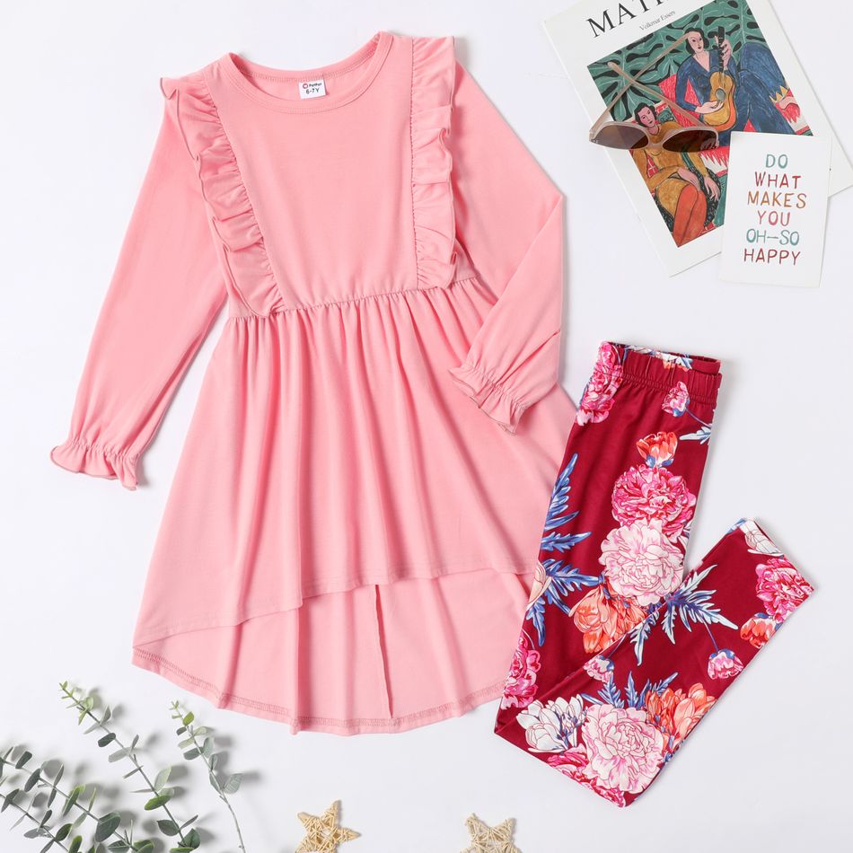2-piece Kid Girl Ruffled High Low Long-sleeve Top and Floral Print Leggings Set Pink