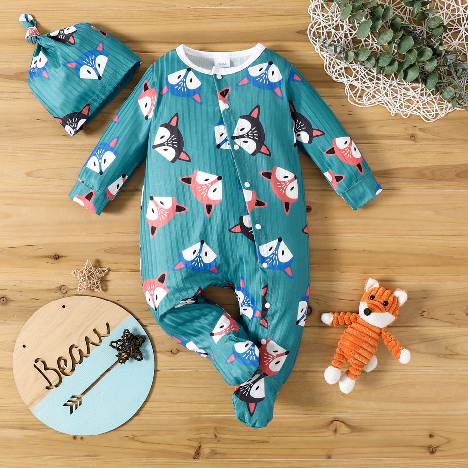 100% Cotton 2pcs Baby Boy/Girl All Over Cartoon Fox Print Blue Ribbed Long-sleeve Footed Jumpsuit Set Blue