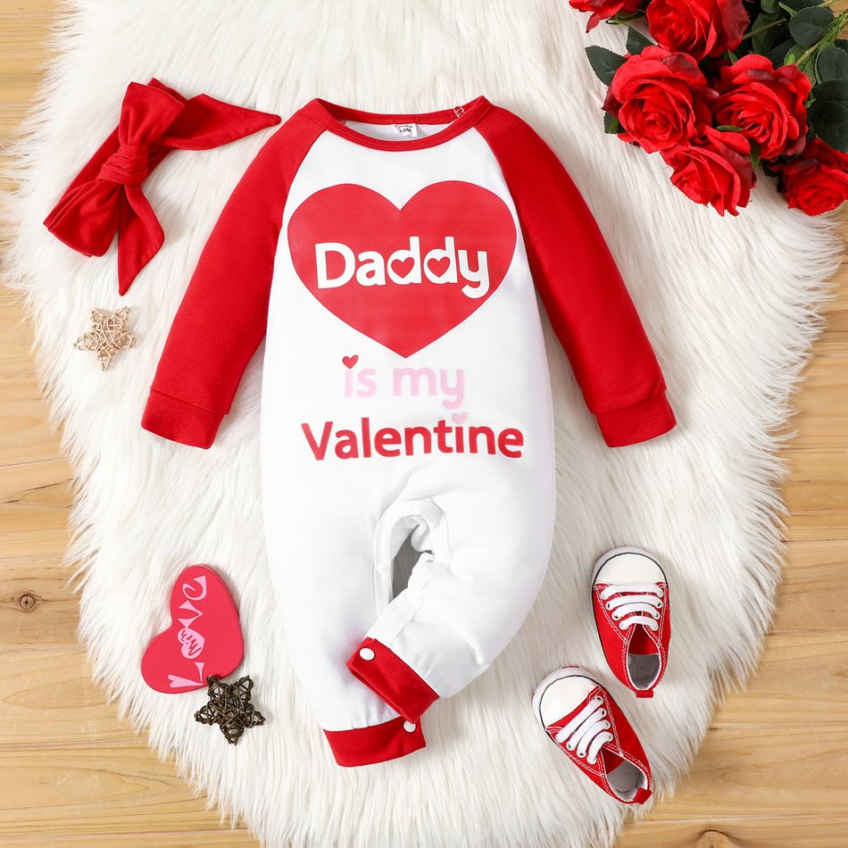Valentine's Day 2pcs Baby Girl Red Love Heart and Letter Print Raglan Long-sleeve Jumpsuit Set Color block