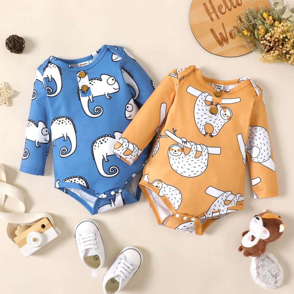 Baby Boy Apricot/Blue All Over Animal Print Long-sleeve Romper Apricot big image 2