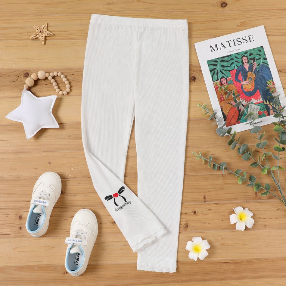 Easter Kid Girl Heart Embroidered Lettuce Trim Elasticized Leggings White