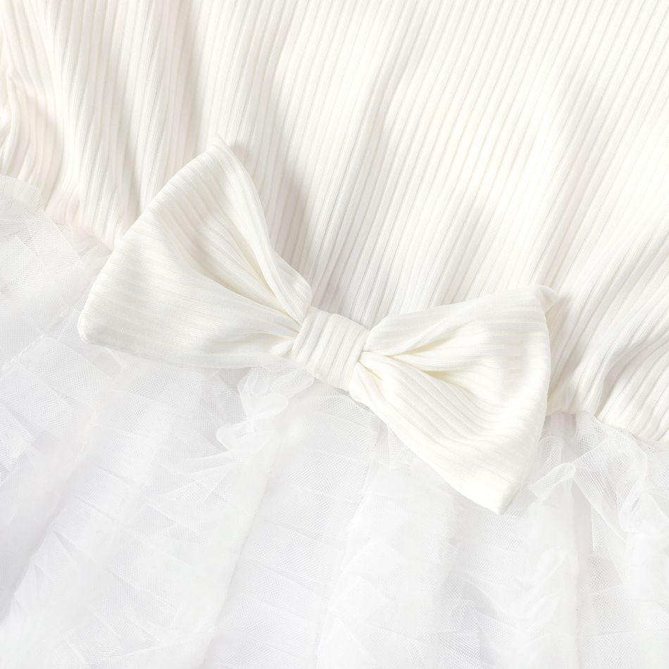 Toddler Girl Bowknot Design Lettuce Trim Mesh Design Long-sleeve Dress White big image 4