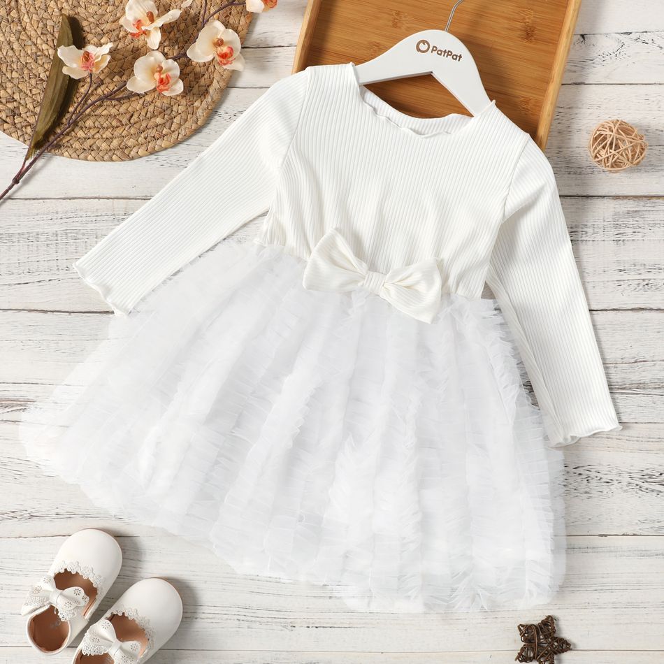 Toddler Girl Bowknot Design Lettuce Trim Mesh Design Long-sleeve Dress White big image 1