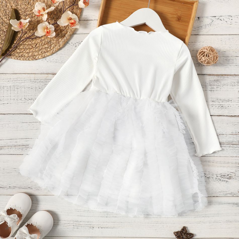 Toddler Girl Bowknot Design Lettuce Trim Mesh Design Long-sleeve Dress White big image 2