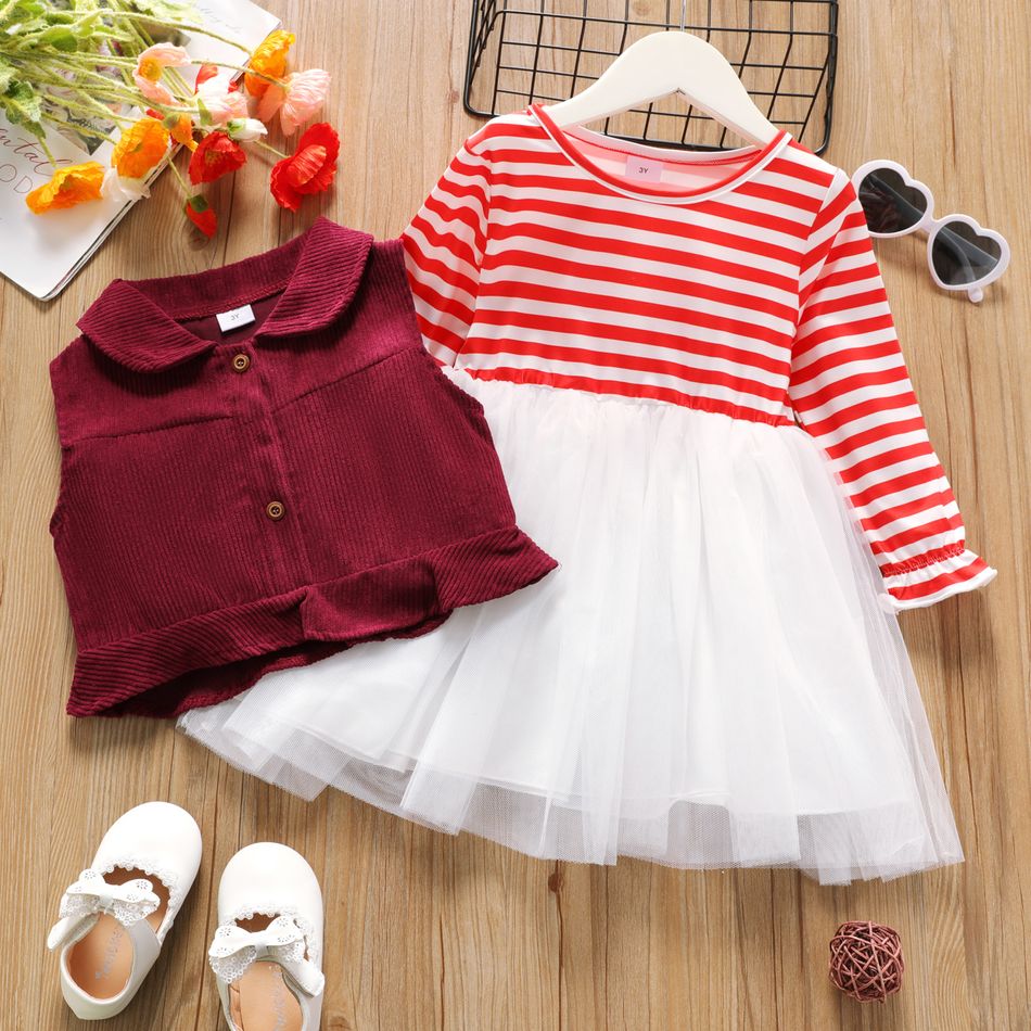 2-piece Toddler Girl Stripe Mesh Splice Long-sleeve Dress and Lapel Collar Button Design Corduroy Vest Set Red