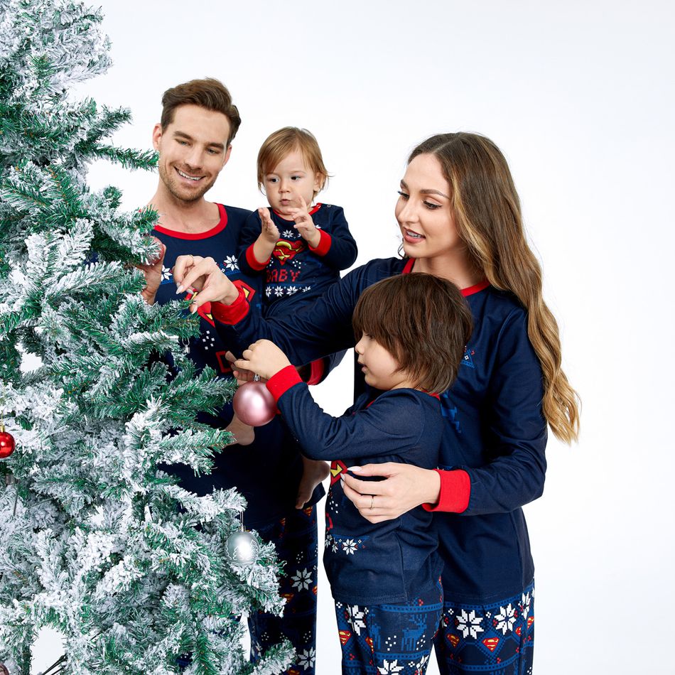 Superman Family Matching Christmas Reindeer and Snowflake Top And Pants Pajamas Sets Royal Blue