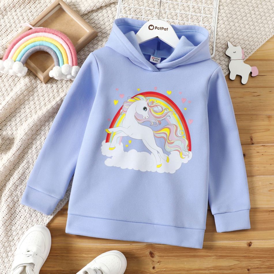 Kid Girl Unicorn Rainbow Print Fleece Lined Hoodie Sweatshirt Light Blue