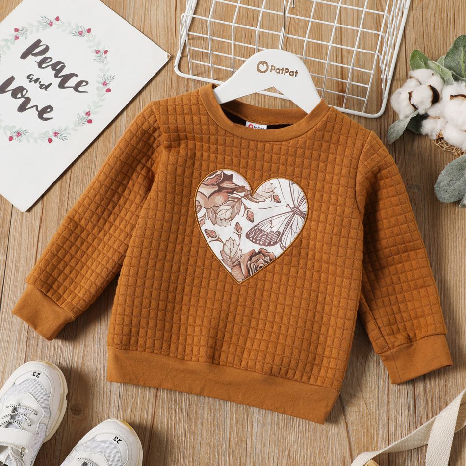 Toddler Girl Casual Heart/Floral Print Textured Sweatshirt Brown big image 2