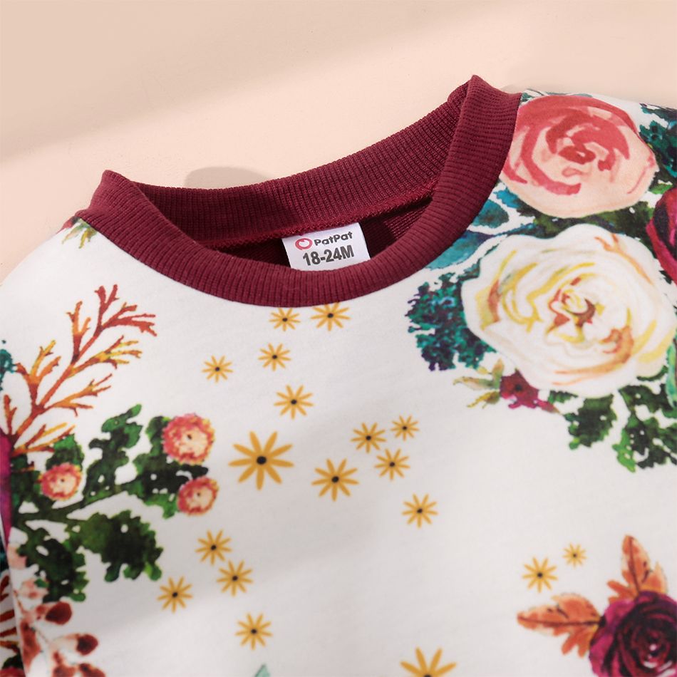 2-piece Toddler Girl Floral Print Ruffled Sweatshirt and Pants Casual Set Burgundy big image 3